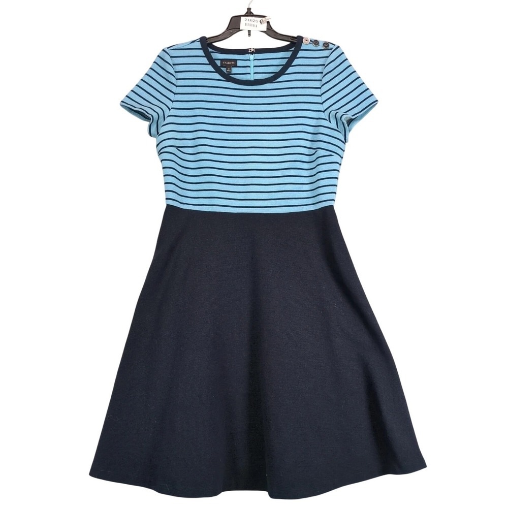 Talbots Blue Striped Fit & Flare Dress Sz M Knee-Length Nautical Rib Knit Preppy